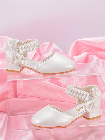 Girls’ Princess High-Heel Shoes - White Pearl Dress Shoes for Big Kids, Spring/Summer Style