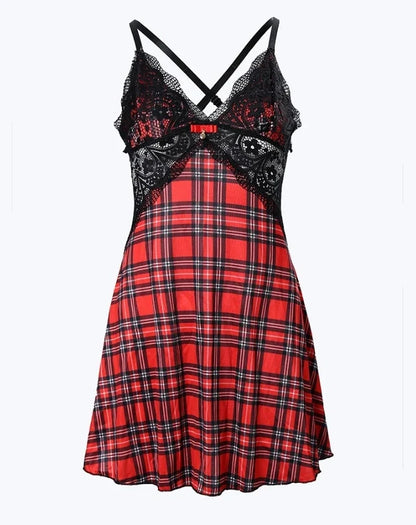 Women’s Summer Plaid Sleep Dress - Lace Trim Crisscross Backless Sleeveless Nightgown Sleepwear