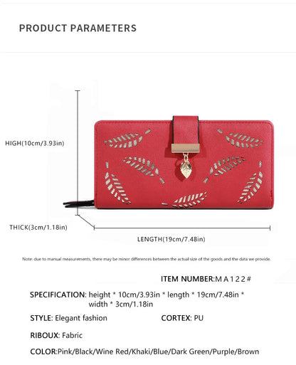 Women’s Long PU Leather Wallet – Gold Hollow Leaf Design Clutch Purse with Coin Pocket & Card Holders