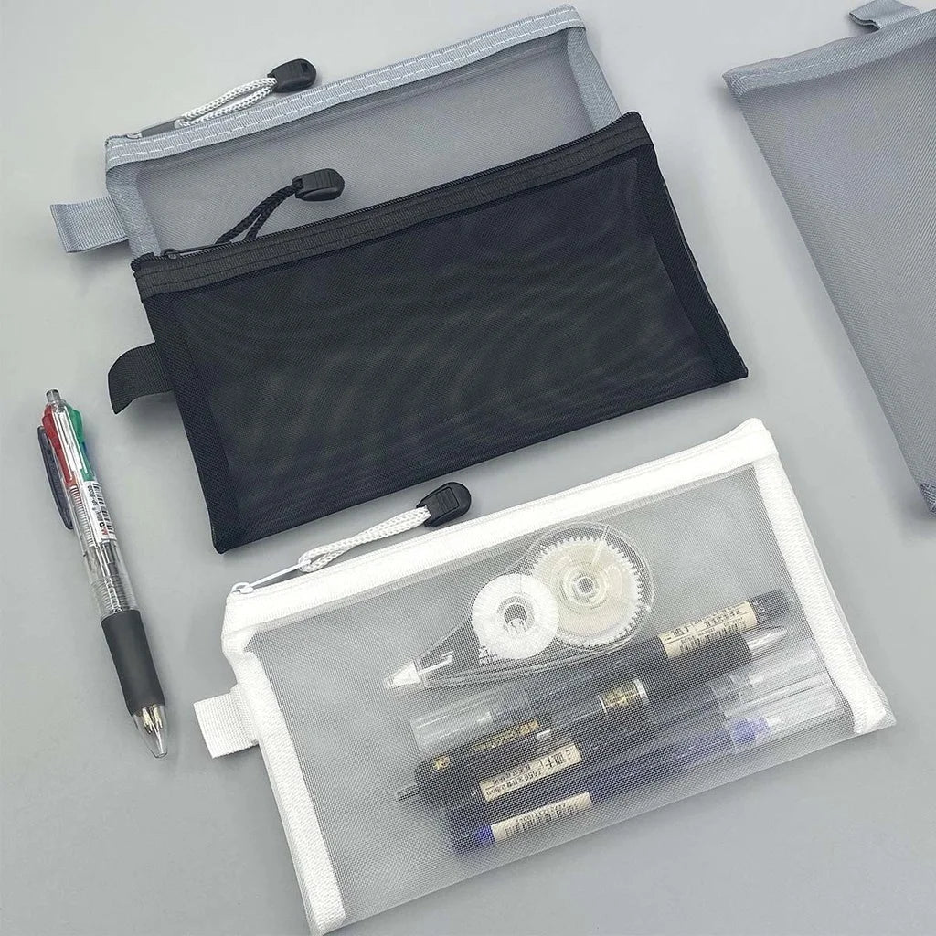 Large Transparent Mesh Pencil Case — Nylon Zip Storage Bag for School & Office Supplies