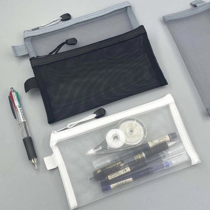 Large Transparent Mesh Pencil Case — Nylon Zip Storage Bag for School & Office Supplies