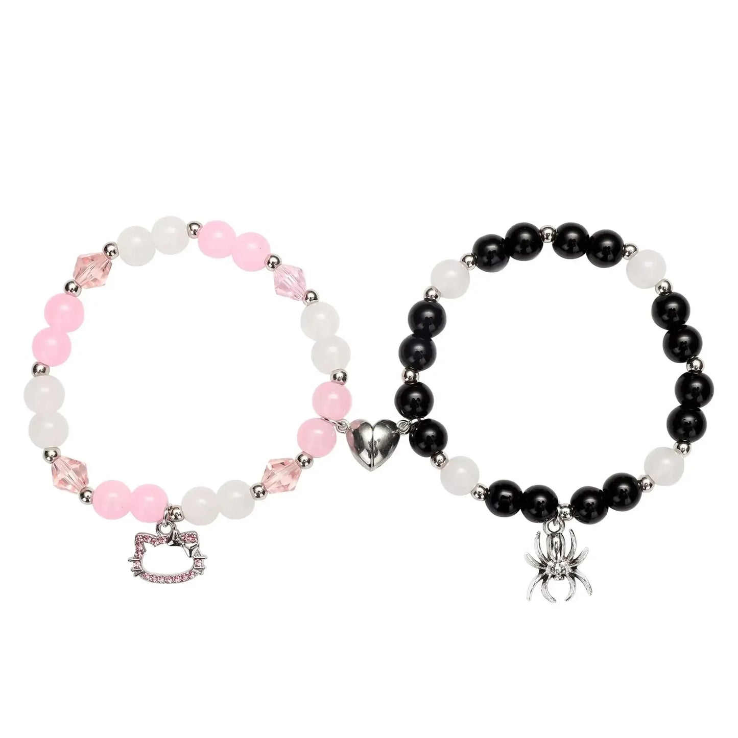 Spider Cat Charm Beaded Bracelet Set – Multi Color Cat Eye & Heart Bracelets for Best Friends with Red, Blue Beads & Fireball Spacer