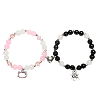 Spider Cat Charm Beaded Bracelet Set – Multi Color Cat Eye & Heart Bracelets for Best Friends with Red, Blue Beads & Fireball Spacer