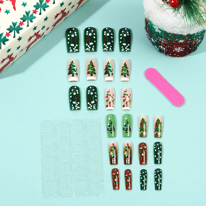 Medium Long Christmas Fake Nails – Square & Almond Tips with Tree, Snowflake & Snowman Designs