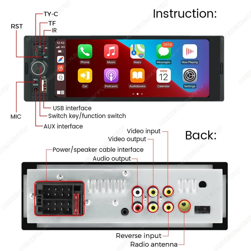 6.86" 1-DIN Car Stereo - HD Touchscreen Wireless CarPlay Bluetooth FM USB Multimedia Player