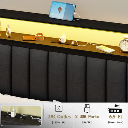 Full/Queen LED Bed Frame – Platform Bed with Soft Cushioned Headboard and Built-In Charging Station
