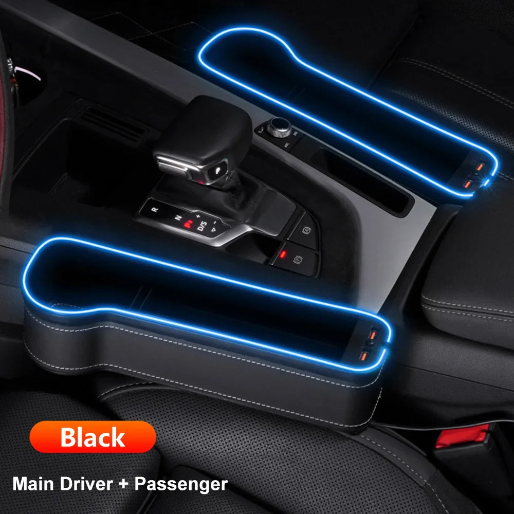 Car Crevice Storage Box with 2 USB Charger – LED Seat Gap Organizer, Phone, Bottle, and Cup Holder