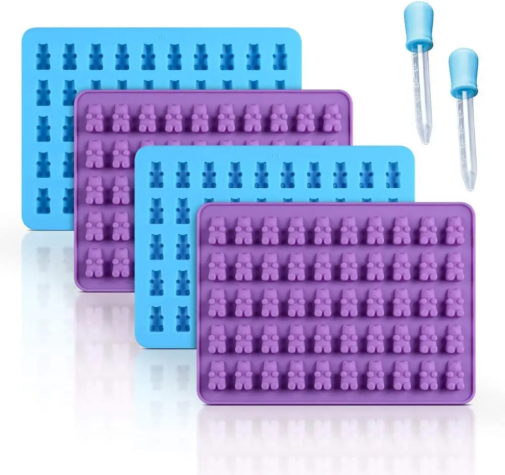 Gummy Bear Silicone Molds - Mini Chocolate Candy Molds with Droppers Food Grade Nonstick Baking Set of 4