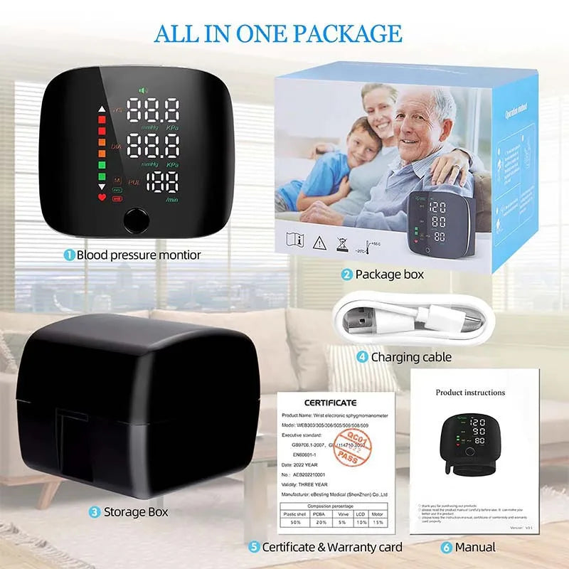 LED Rechargeable Wrist Blood Pressure Monitor – English, Russian, Portuguese, Spanish Voice Broadcast Tonometer