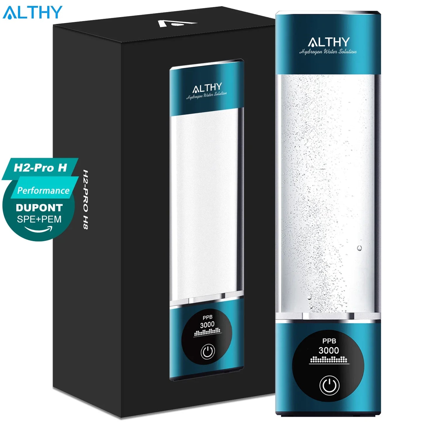 ALTHY Hydrogen Water Generator Bottle - DuPont SPE+PEM Dual Chamber Ionizer Cup with H2 Inhalation Device, PPB & Time Display