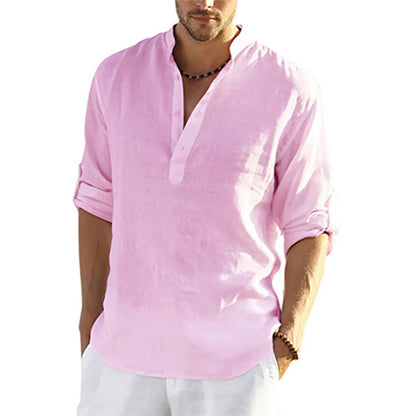 Men’s Cotton Linen Long Sleeve Casual Shirt Loose Fit Breathable Spring Autumn Buttonless Blouse Style Top Fashion Tee S-3XL