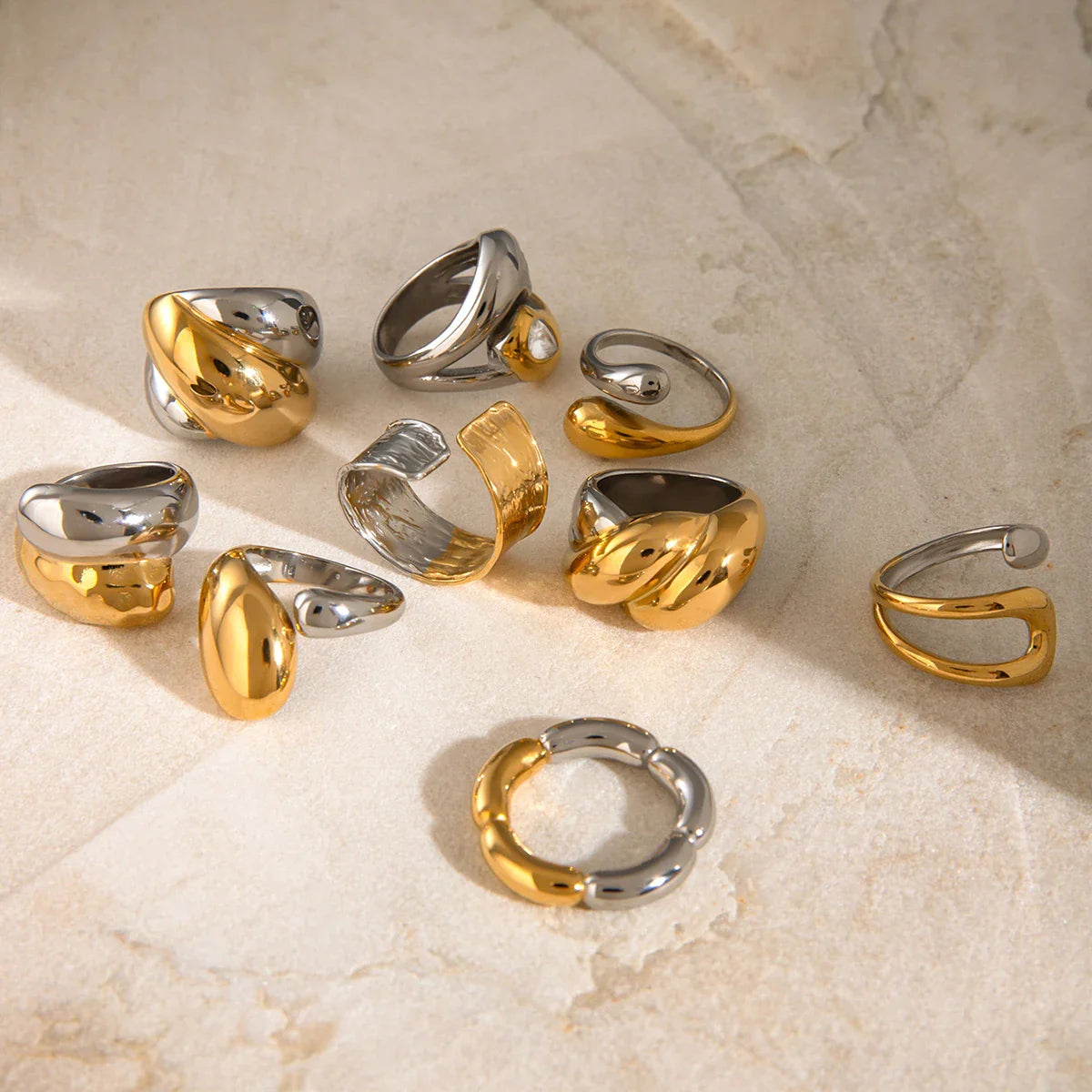 Vintage 18K Gold Plated Stainless Steel Ring – Double Line Irregular Open End Jewelry for Women