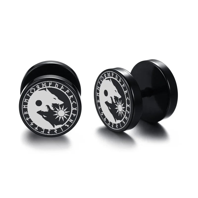 Vnox Men's Viking Black Stud Earrings - Vegvisir & Norse Valknut, Cool Punk Stainless Steel Set