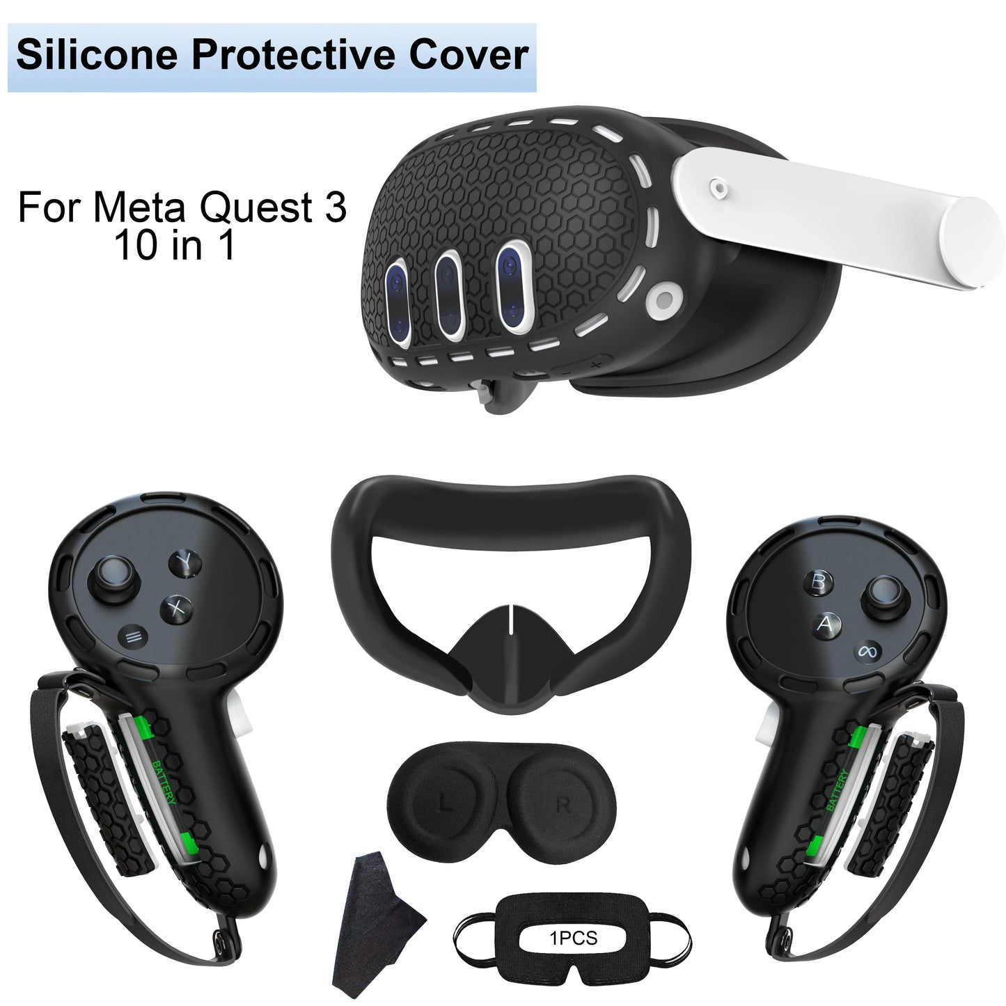 10-in-1 Soft Silicone Controller Case for Meta Quest 3/3S – Headset Grip Protector with Battery Cover, VR Accessory