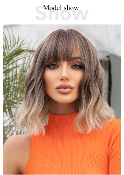 Women’s Grey Wavy Bob Wig with Bangs — Short Blonde Ombre Synthetic Hair with Dark Roots for Daily Wear
