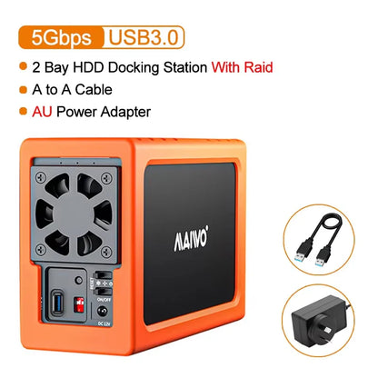 MAIWO 3.5 Inch HDD Case – Dual Bay SATA RAID Storage Enclosure & Docking Station for 2.5/3.5 Inch External Hard Drives