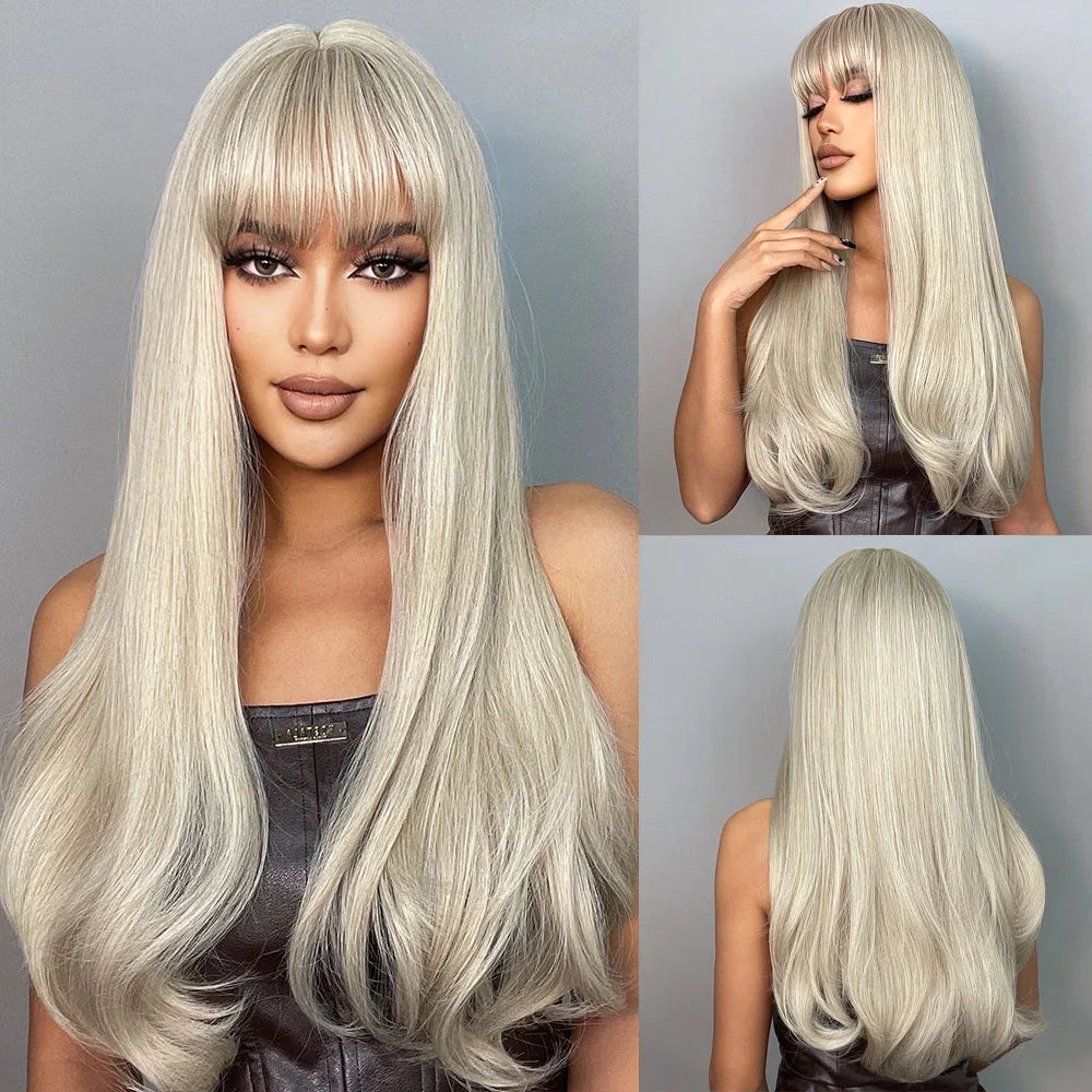 GEMMA Ombre Brown Blonde Synthetic Wig with Bangs – Long Straight Cosplay Wig for Women, High-Temperature Fiber