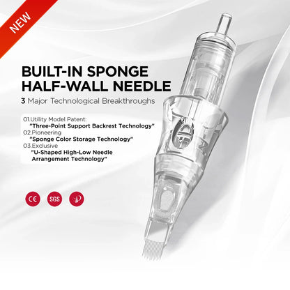 10PCS U14/0.18-ST Universal Tattoo Cartridge Needles with Built-in Sponge – Half-Wall Needles for Eyebrow & Lip Tattoo Machines