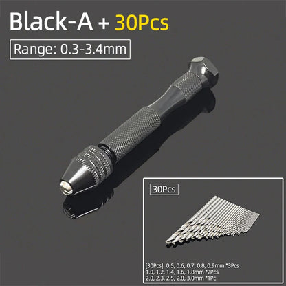 Mini Aluminum Hand Drill 0.3–3.4mm – Keyless Chuck Micro Rotary Tool with HSS Twist Drill Bit Set for Wood & DIY Crafts