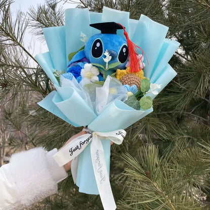 Cartoon Stitch Plush Doll with Flowers – Handmade Stuffed Animal Bouquet for Valentine’s, Christmas & Graduation Gifts