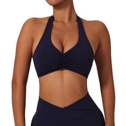 NCLAGEN Women's High Support Halter Sports Bra: Ruched Fitness Gym Yoga Top - Push-up Padded Activewear for Workout