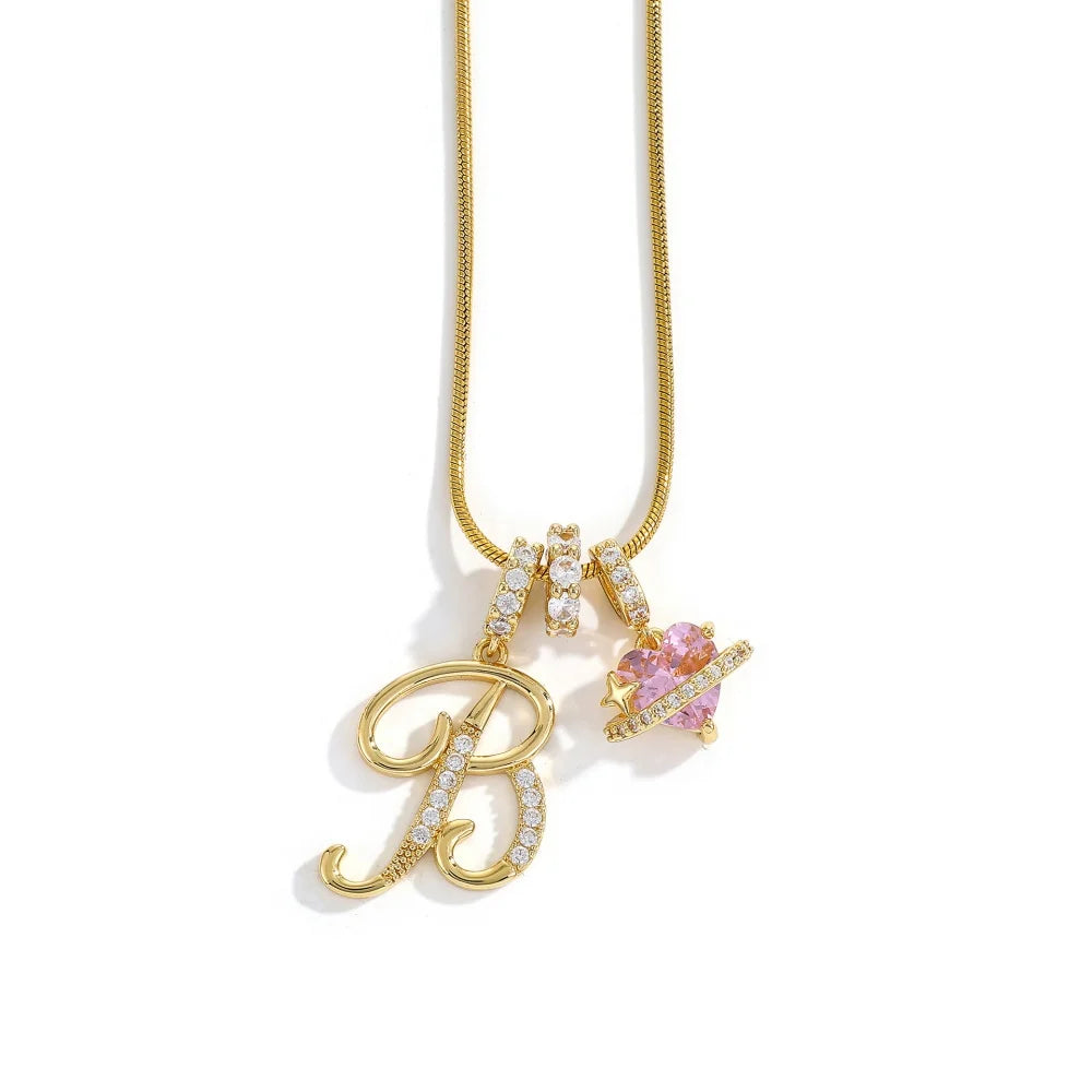 Gold Zircon Flower Letter Necklace - A-Z Alphabet Pendant Jewelry Gift for Women