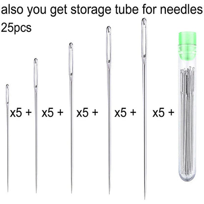 25Pcs Large Eye Stitching Sewing Needles Set – Stainless Steel Hand Sewing Tools for Leather, Yarn, Knitting & DIY Crafting Projects