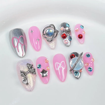 10 Pcs Black French Press-On Nails – Handmade Bowknot Design, Glossy Short Almond Fake Nails for Salon Art