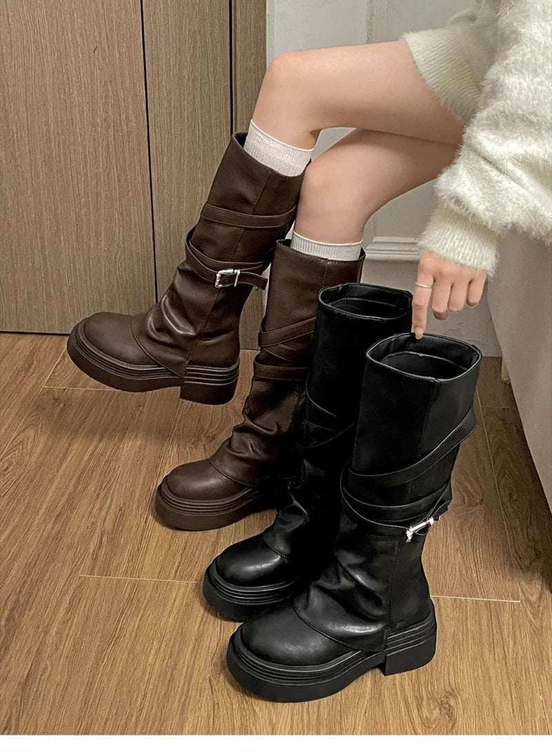 Vintage Thick Heel Women’s Knee-High Boots – Slip-On Fashion Booties for Autumn & Winter