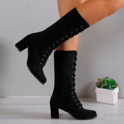 Women’s Winter Chunky Heel Boots - Round Toe Cross-Lace Anti-Slip Wear-Resistant Fashion Shoes