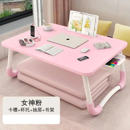 Foldable Laptop Desk for Bed & Sofa – Portable Lap Table with Cup, Book Holder, Drawer, and USB Slot