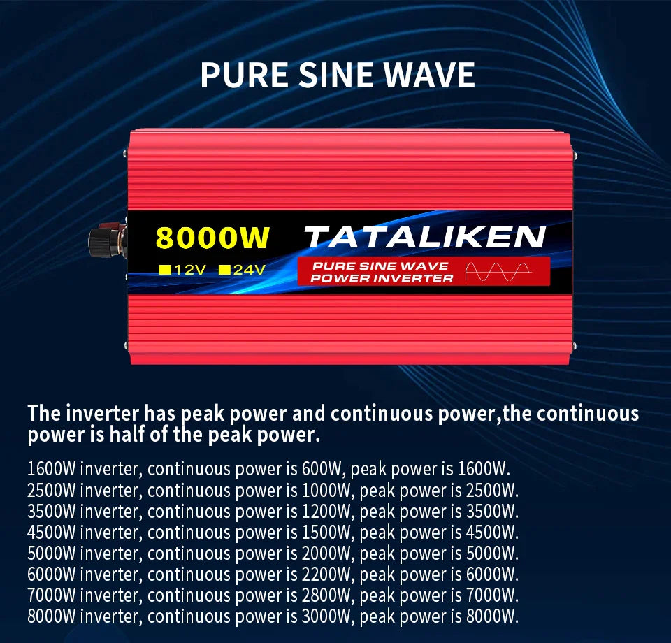 Pure Sine Wave Inverter 5000–10000W – 12V DC to 110V AC Portable Solar & Car Power Converter