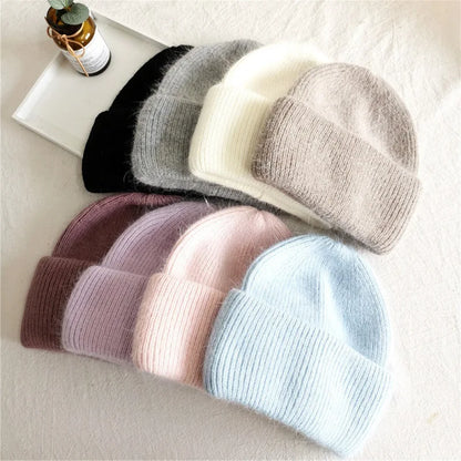 Women's Winter Hat - Fashion Warm Beanie Made of Real Rabbit Fur, Solid Adult Cap for Cold Weather