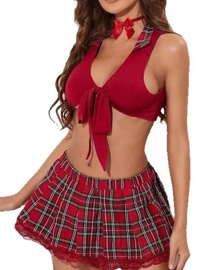 JK Uniform Skirt Set - Sleeveless Red Top with Checkered Lace Trim Skirt