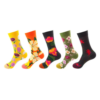 5-Pair Men’s Cotton Sports Socks Pack - Hip Hop Harajuku Pastel Print Long Tube Running Casual Socks