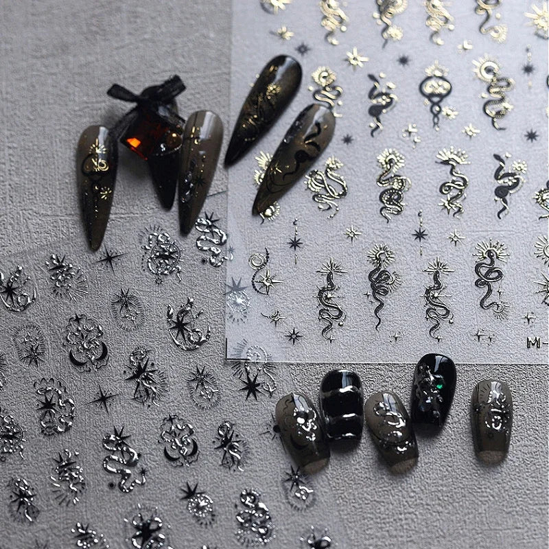 5D Gold Stamped Nail Art Stickers - Silver Sun Stars Snake Chinese Style Self-Adhesive Manicure Decals