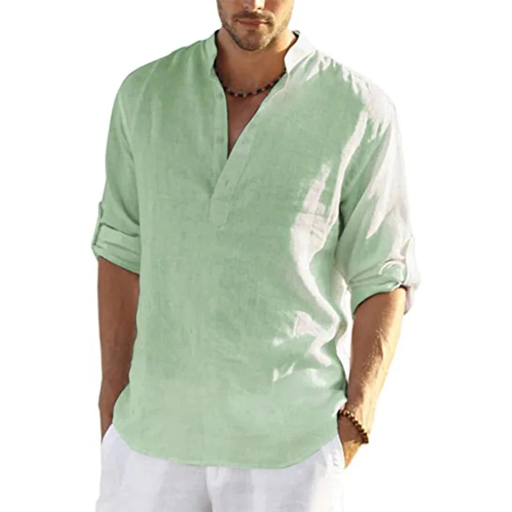 Men’s Cotton Linen Long Sleeve Casual Shirt Loose Fit Breathable Spring Autumn Buttonless Blouse Style Top Fashion Tee S-3XL