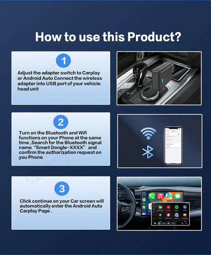 Wireless CarPlay Adapter – 2-in-1 Android Auto Smart Dongle for Volvo, Benz, Cadillac, Jeep, Lexus, Buick, Audi, Mazda, VW, Kia