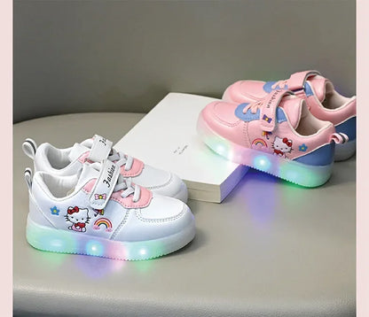 LED Kids Shoes for Girls — Cute Hello Kitty Cartoon Canvas Sneakers, Soft-Bottom Casual Shoes, Baby Girl Kawaii Footwear