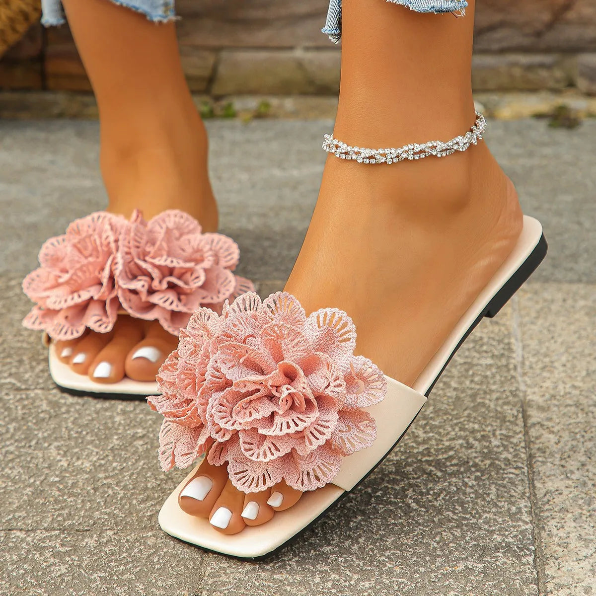 Women’s Crochet Flower Slide Sandals - Colorful Floral Slip-On Mules for Summer