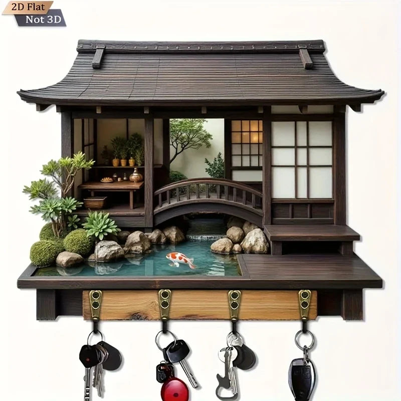 2D Retro Japanese-Style Wooden Key Hook – Multi-Functional Wall Key Holder for Home, Porch & Kitchen Storage