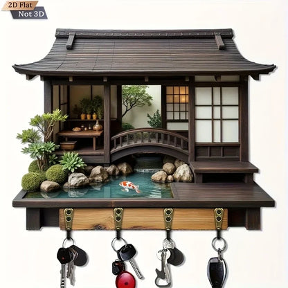 2D Retro Japanese-Style Wooden Key Hook – Multi-Functional Wall Key Holder for Home, Porch & Kitchen Storage