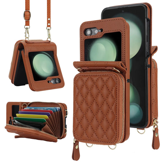 Crossbody Zipper Leather Case for Samsung Galaxy Z Flip 5/4/3/5G - Cards Slot, Long Lanyard Pocket Bag Wallet Cover, Flip4/Flip5 Compatible