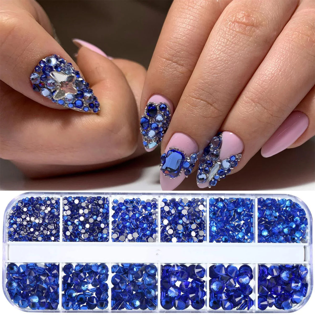 12-Grid 3D Glass AB Crystal Nail Art Rhinestones Kit – Flatback Round Beads with Tools for Nail Jewelry & Diamond Decoration