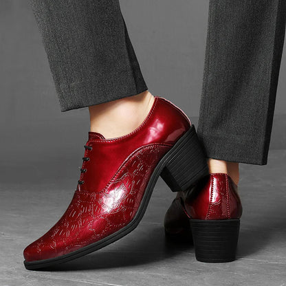 Luxury Red High Heel Men’s Dress Shoes - Pointed Toe Leather Moccasin Wedding Oxford Shoes