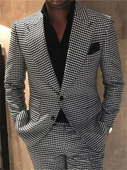 2-Piece Plaid Men’s Suit — Houndstooth Checkered Wedding Groom Tuxedo, Jacket & Pants Fashion Set