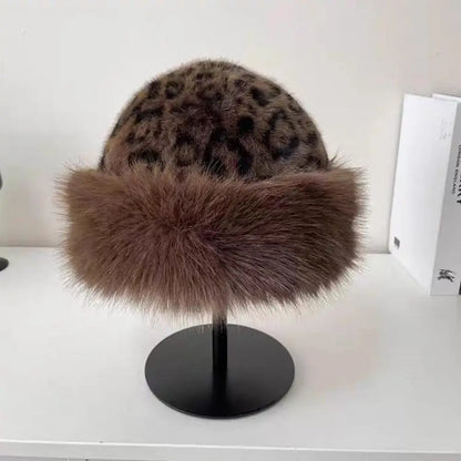 Retro Leopard Print Plush Cat Ear Beanie – Thick Warm Fur Hat for Women, Windproof & Fluffy Winter Snow Cap