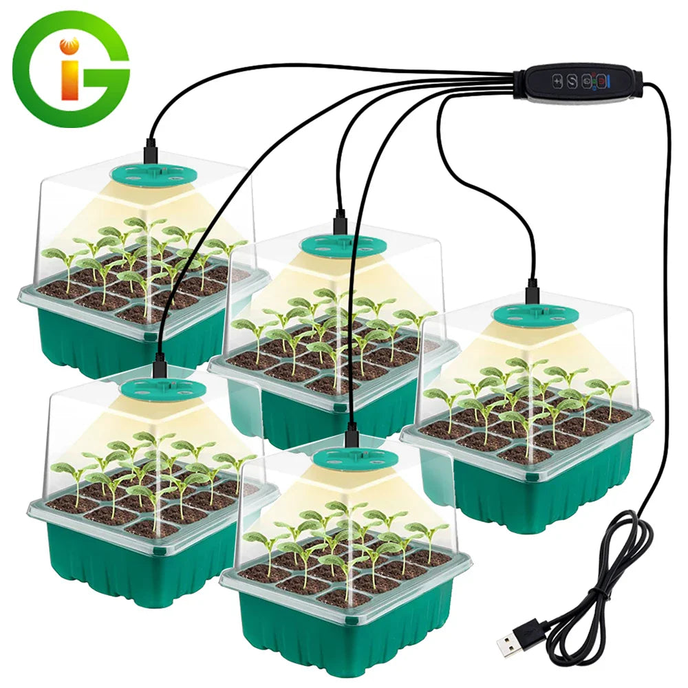 Plants Seed Starter Trays with Grow Light — 12-Hole Nursery Pots for Home, Greenhouse & Indoor Growing