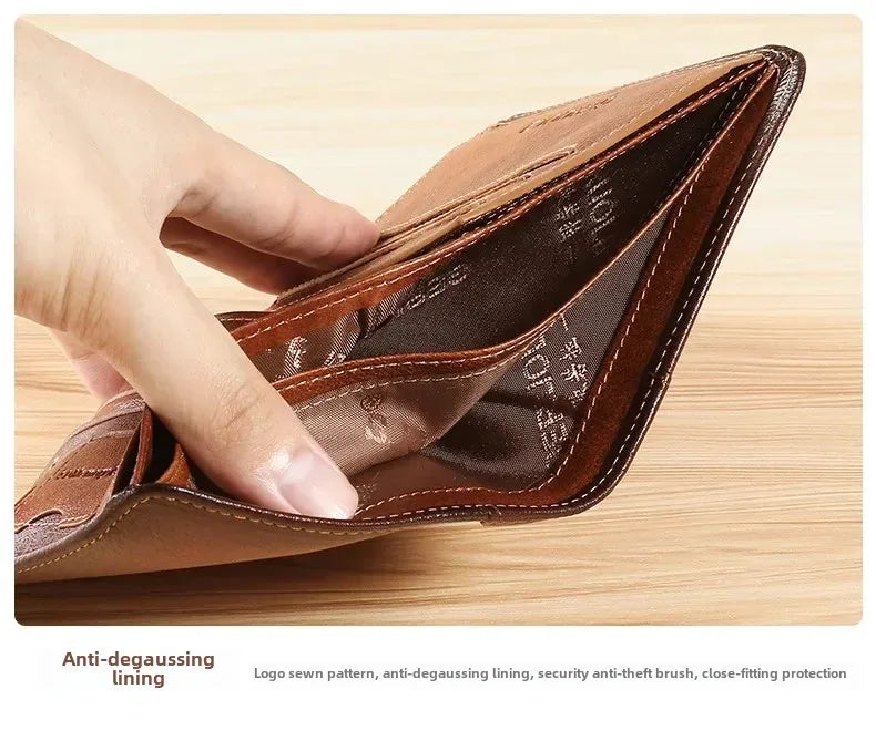 Genuine Leather Men’s Wallet – RFID Blocking Trifold, Vintage Thin ID & Credit Card Holder, Multi-Function Purse