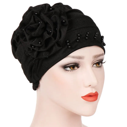 2024 Pearl Embellished Muslim Turban Beanie for Women – Elastic Hijab Headwrap with Flower Chemo Cap